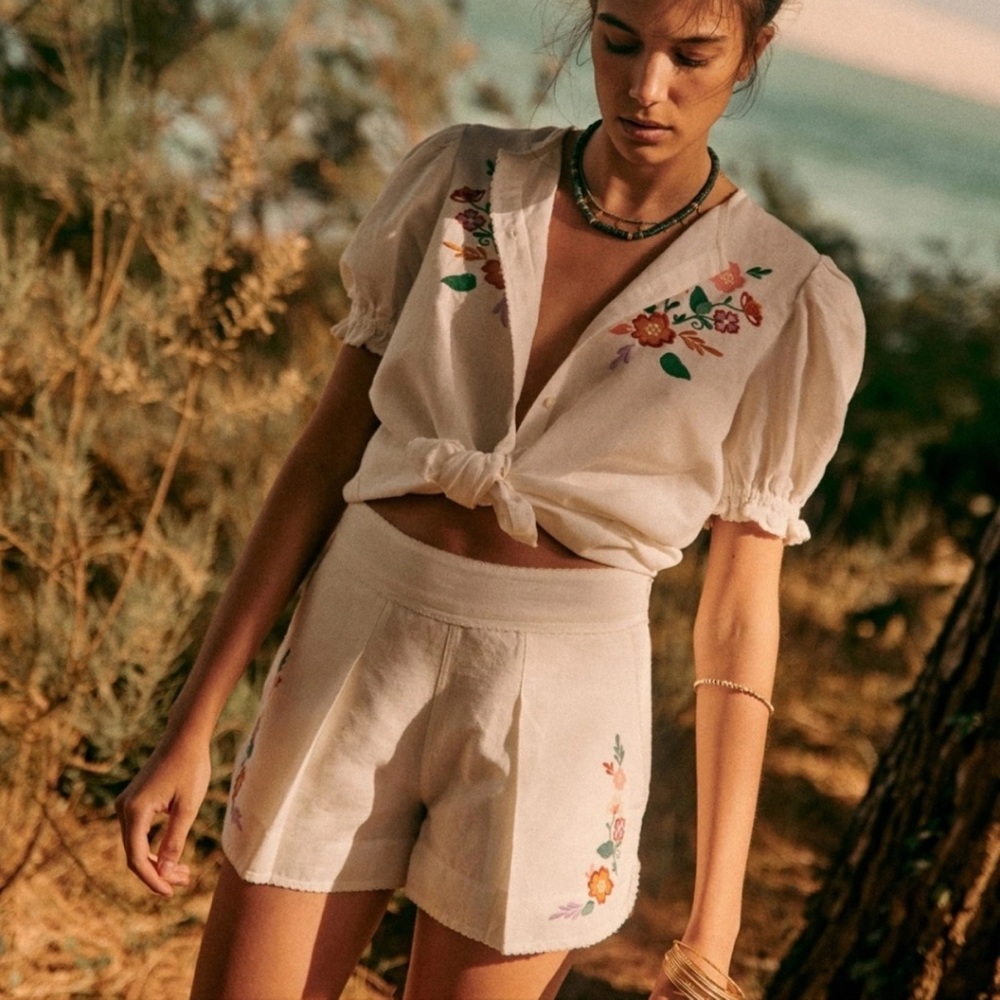 ISO Sézane Luz Floral Linen Top and Matching Carmen Shorts 34 XS